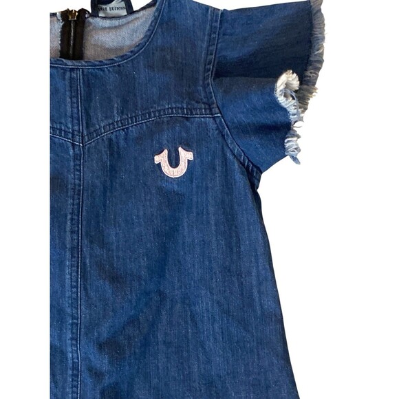 True Religion Girls Denim Dress Sz S (Tencel) Flutter Sleeve Distressed Hem Blue - Picture 2 of 10